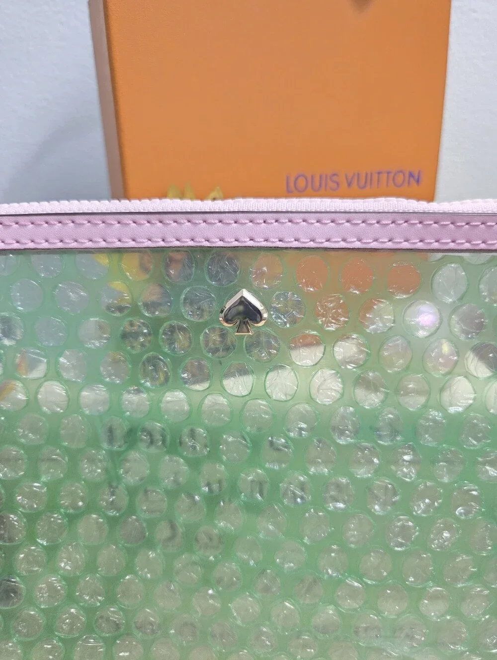 Kate Spade Jae Clear Slim Cosmetic Bag Pouch Serendipity Pink Leather Trim, NWOT